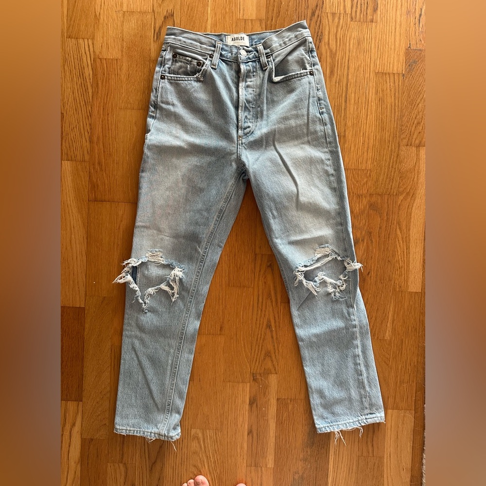 Agolde Light Blue Distressed Slim Straight Jeans